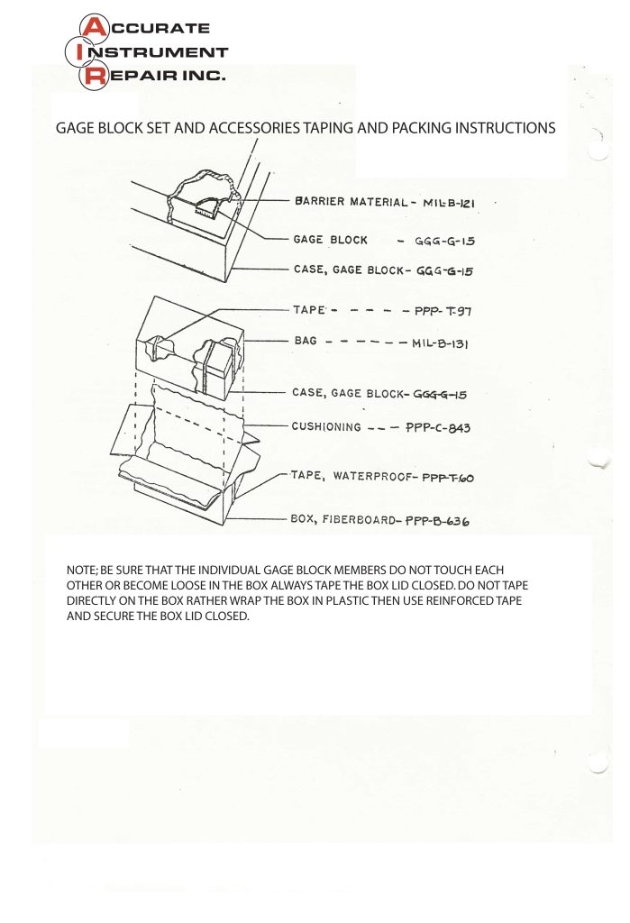AIR gage block set and accessories taping and packing instructions